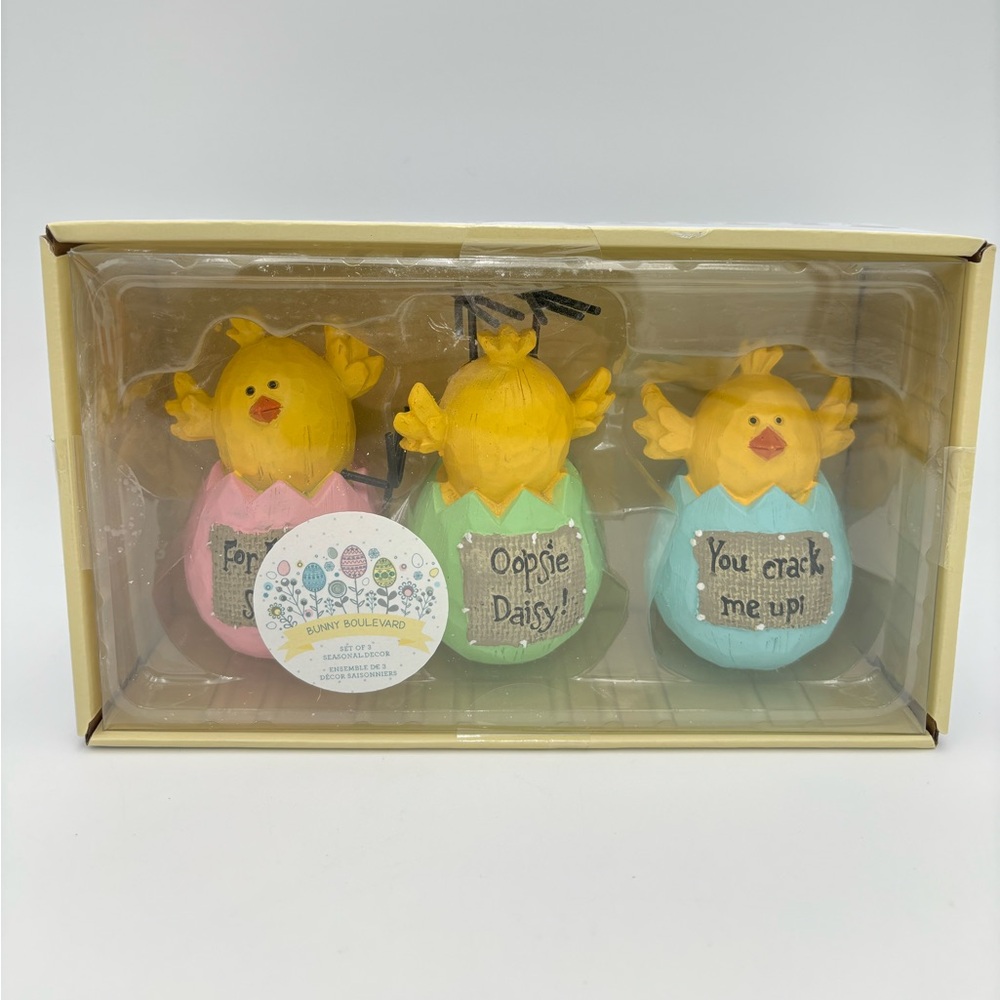 Bunny Boulevard Cute Chicks in Hatched Eggs with Sayings Easter Decor Set of 3